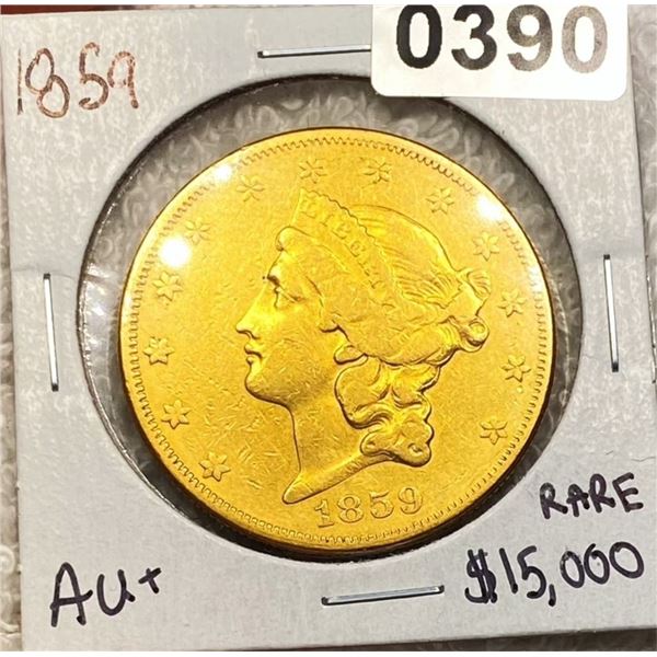 1859 $20 Gold Double Eagle CHOICE AU+
