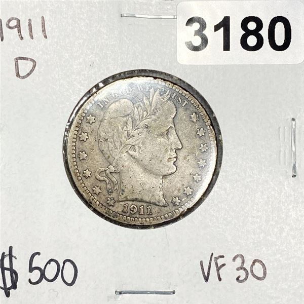 1911-D Barber Quarter -VF30