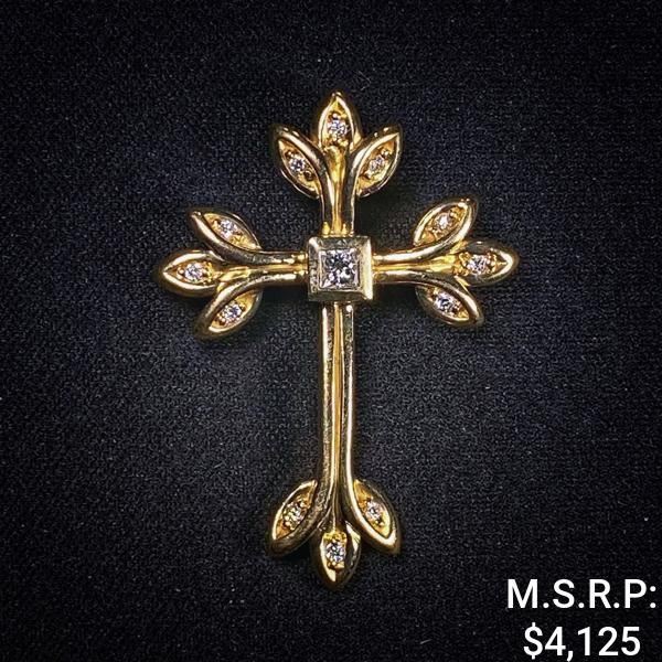 4.3 DWT 14 KT Gold Cross Pendant w/ Dimds