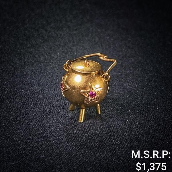 1.3 DWT 18 KT Gold Cauldren Pendant w/ Gems