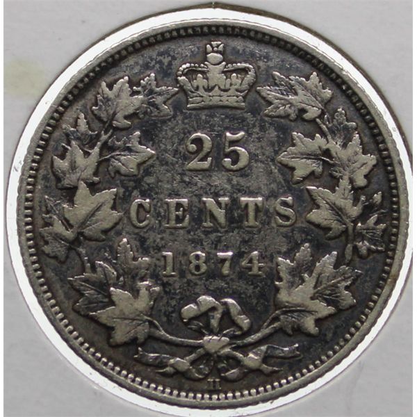 1874 H CANADA SILVER 25 CENTS COIN