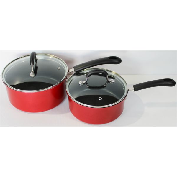 SET OF 2 RED TEFLON POTS WITH LIDS