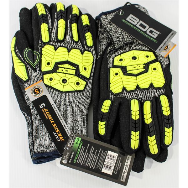 2 PAIR BDG IMPACT/CUT RESISTANT LVL 5 HI-VIZ WORK GLOVES SIZE XL