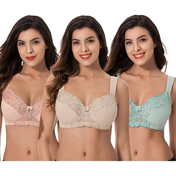 CURVE MUSE PLUS SIZE MINIMIZER UNLINED WIRE- FREE BRA WITH LACE EMBROIDERY 3 PACK