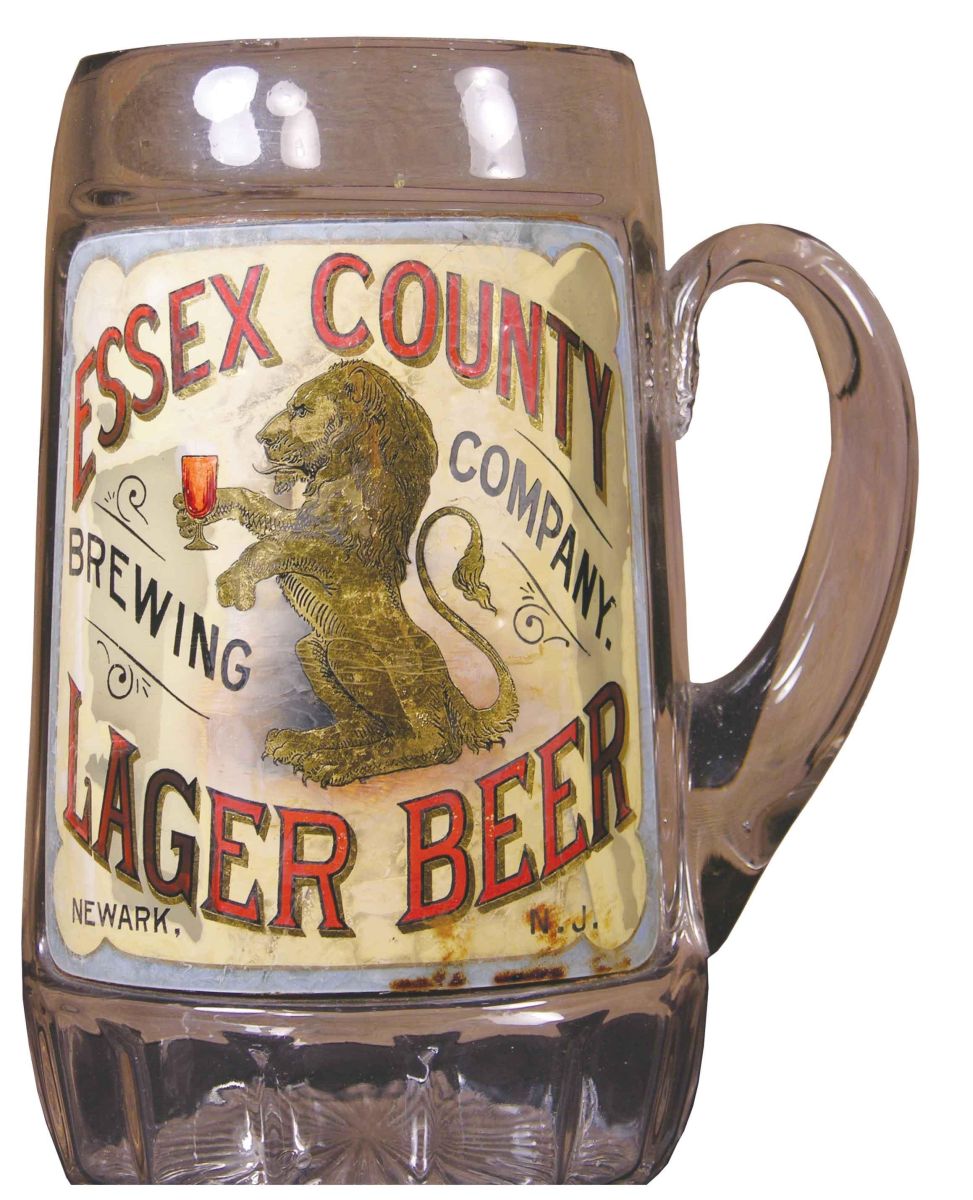 Essex County Lager Beer Brewing Company, label under glass display mug