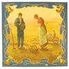 Pillow Cover depicting a farm couple offering thanks for their crop
