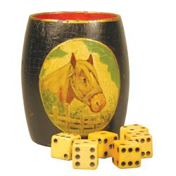 Rare Wood Dice Cup with hand painted horse motif