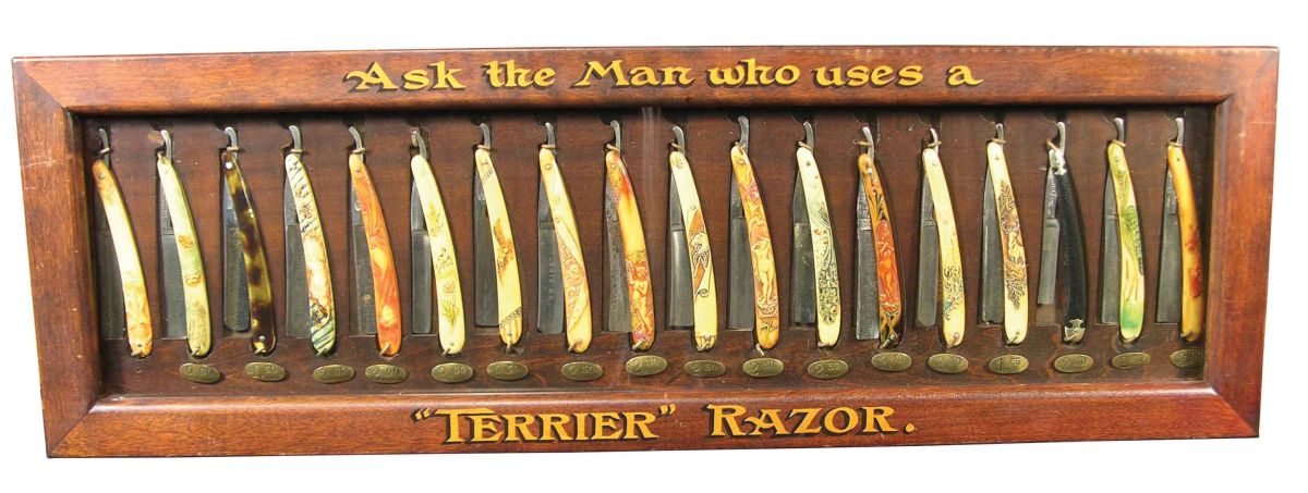 Straight Razor Display Box Straight Razor display case with 18 assorted celluloid handle straight ...