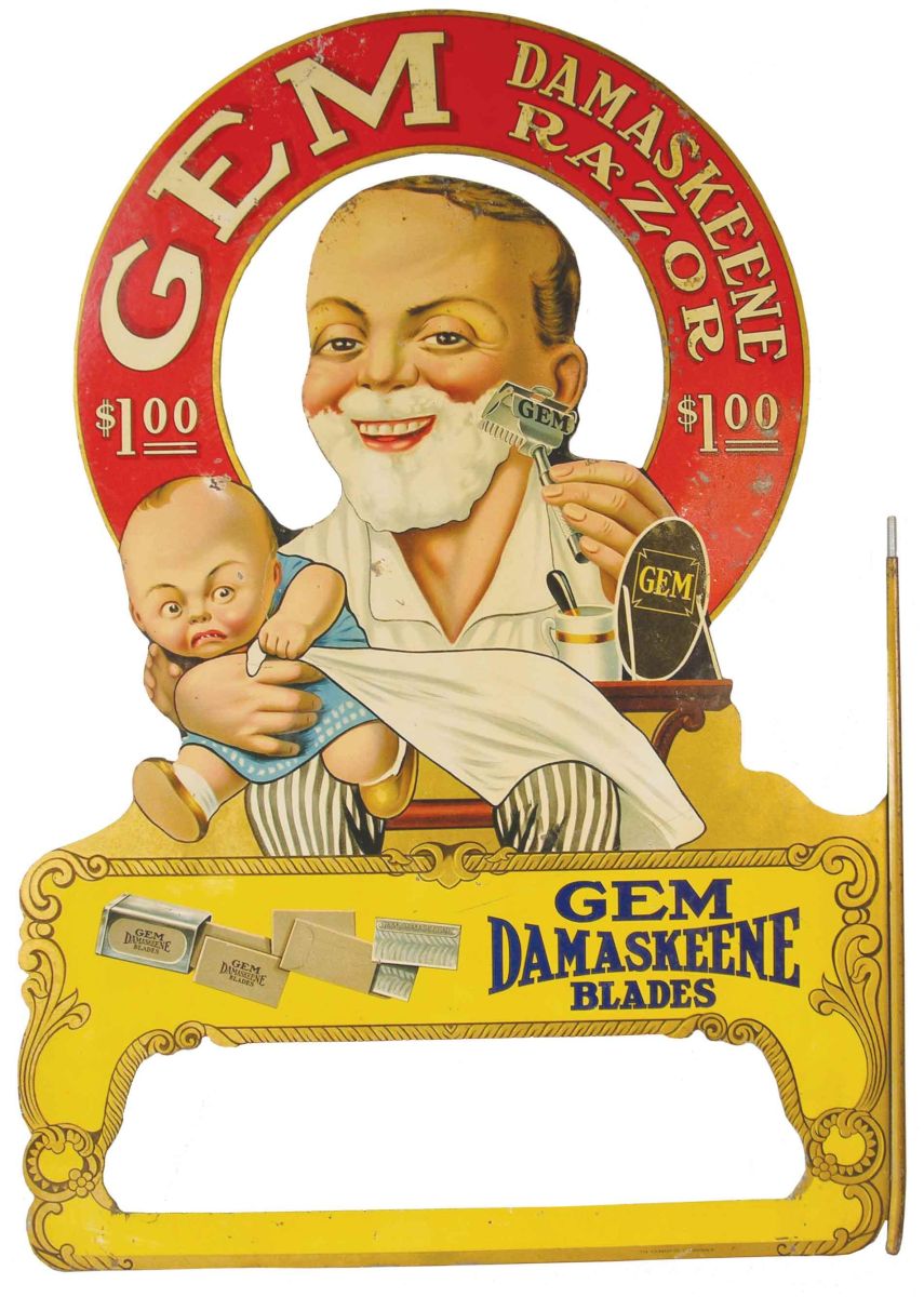 Gem Damaskeene Razor Tin Die Cut Two Sided Flange Advertising Sign
