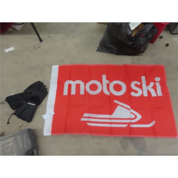 Vintage Motor Ski Flag 30" x 48" & Pain Snowmobile Gloves