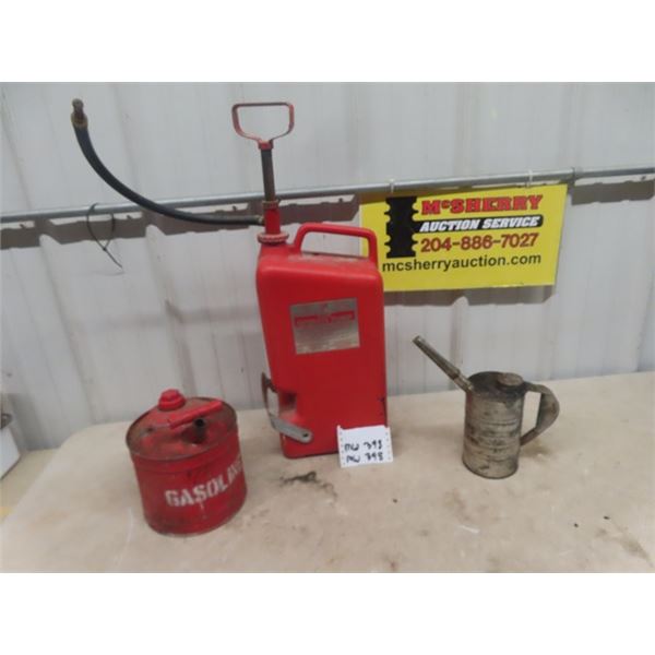 Flag 2 Gal Fire Pump, Gas Can + Folk Art Oil Jug
