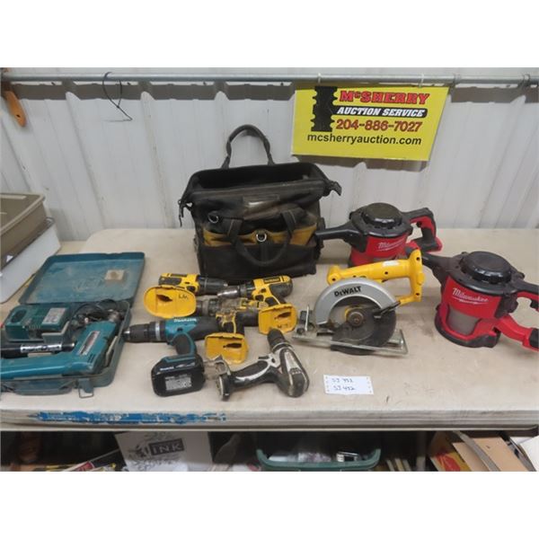 Various Battery Operated Hand Tools; Makita Drills, DeWalt 18V Drills ...