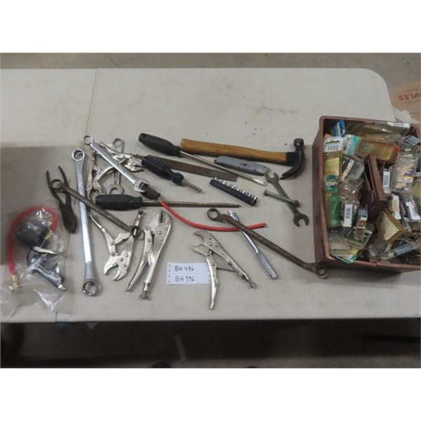 Vice Grips, Wrenches, Screwdrivers, Box of Packaged Nails + Screws