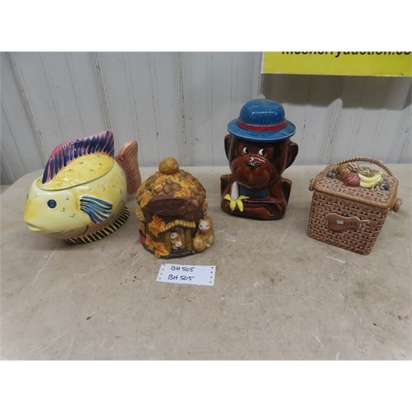 4 Cookie Jars; Fish, Monkey, Nut House + 1 More