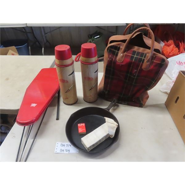 2 Large Thermos- Fishing Theme, Plaid Bag, Small Ironing Board, Cast Frying Pan, CN Matches