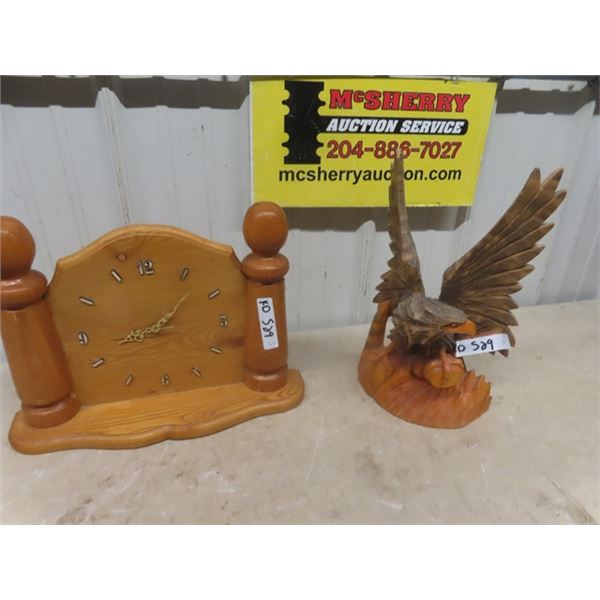 Carved Wood Eagle 12" x 18" & Oak Mantle Clock 14" x 17"