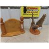 Image 1 : Carved Wood Eagle 12" x 18" & Oak Mantle Clock 14" x 17"