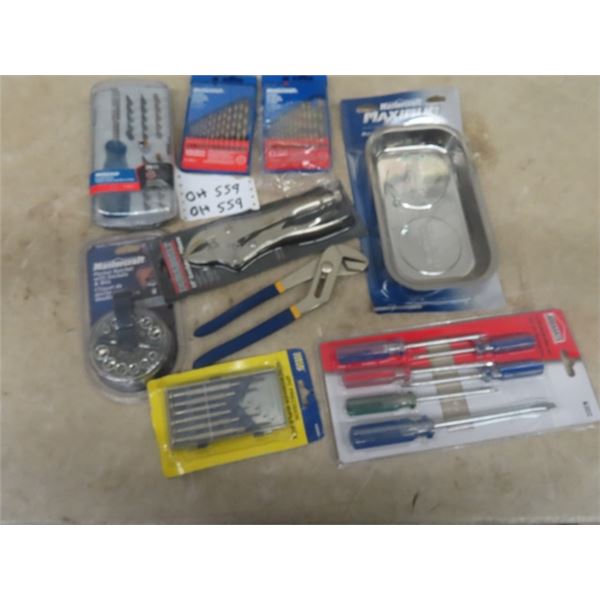 New Tools ; Screwdrivers, Drill Bits, Bit Set, Sockets, Vice Grips plus more