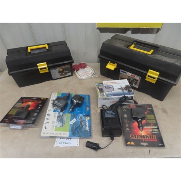 2 New Plastic Tool Boxes, 2 Eliminator Power Invertors, Hand Crank Radio - All New Product