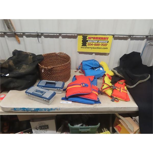 Wet Suit with Boots Sz Med, Basket , 3 Life Jackets, 2 Fishing Boxes