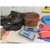 Image 2 : Wet Suit with Boots Sz Med, Basket , 3 Life Jackets, 2 Fishing Boxes