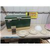 Image 1 : Large Coleman Cooler, 3 Damaged  Crock Lids, Stonebridge Folding Lantern, Lamp Shade
