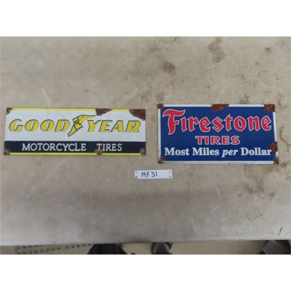 2 Modern Rustic Style Signs ; Goodyear 5.5" x 16" & Firestone 7" x 14"