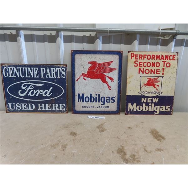 Modern Tin Signs; 2 Mobilgas & Ford Parts - All 12" x 16"
