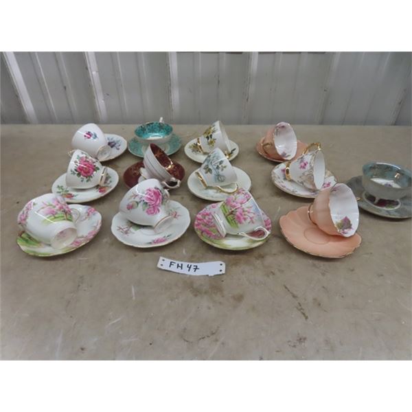 13 Tea Cups + Saucers ; Royal Albert, Royal Trent, Shelley, Gladstone plus more