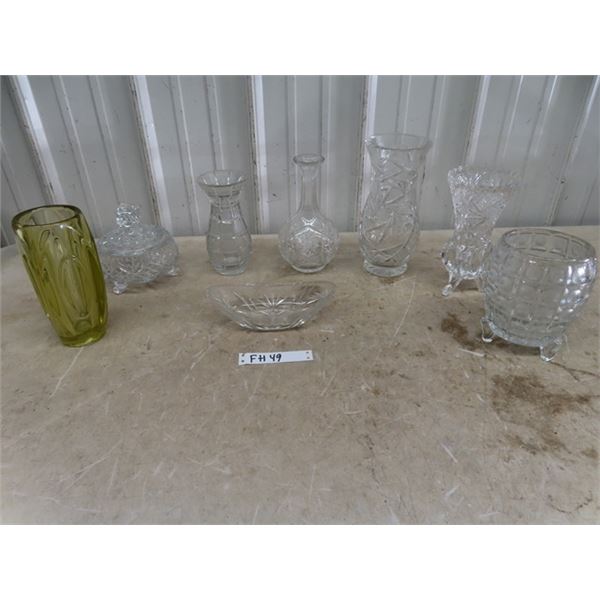 7 pieces of Cut Glass + Crystal ; Bowls, Vases, plus more