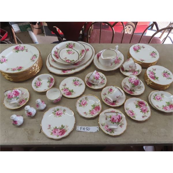 56 pieces Royal Albert " American Beauty' : Cups, Saucers, Plates, Gravy Boat, Platters, Trays plus 