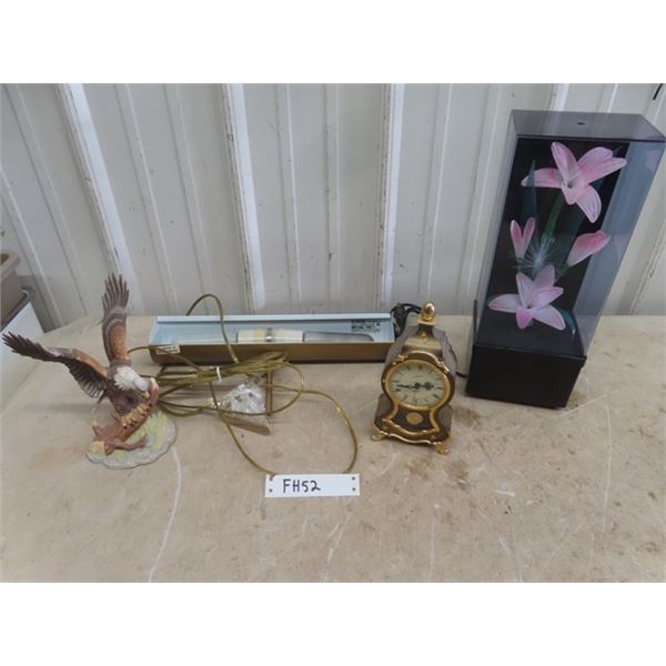 Brass Mounted Lamp, Eagle Ornament, Wind Up Clock, Lighted Flower Display