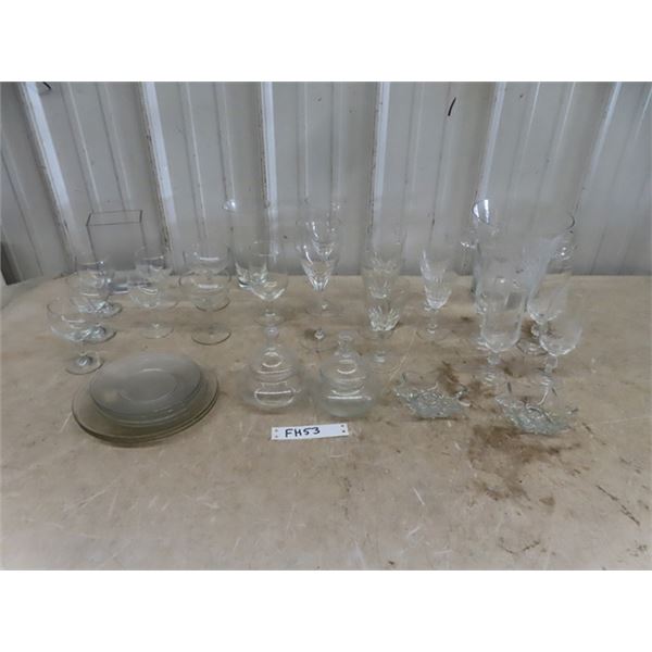 Large Lot of Glass + Cut Glass; Wine Glasses, Plates, Ice Bucket, Candle Holders, Covered Dishes plu