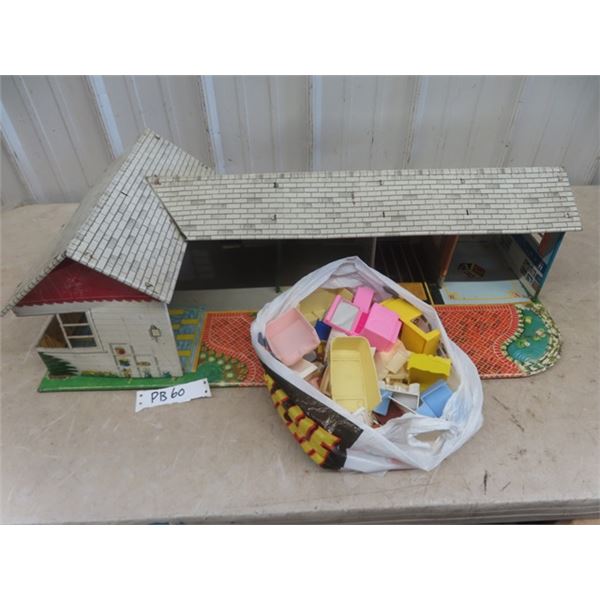 Large Tin Doll House with Bag of Plastic Furniture