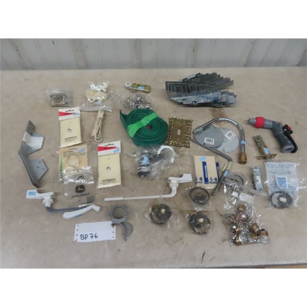 Box of Household Repair Parts; Toilet Handles, Fuses, Cover Plates, Metal Brackets plus more