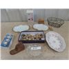Image 1 : Vegetable Dicer, 50 Damaged Red Rose Tea Figurines, 2 Fire King Serving Dishes, Napkin Rings plus mo