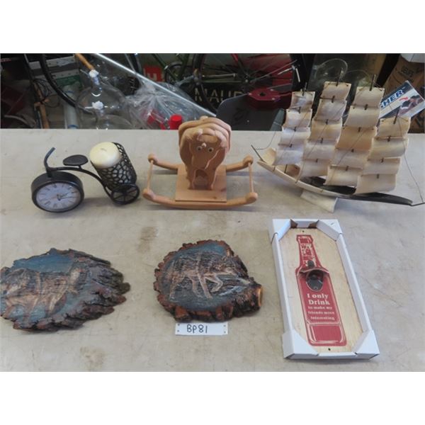 Carved Sailboat, Bottle Opener, 2 Wooden Art Items Clock Candle Holder, Wooden Cow Figure