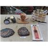 Image 1 : Carved Sailboat, Bottle Opener, 2 Wooden Art Items Clock Candle Holder, Wooden Cow Figure