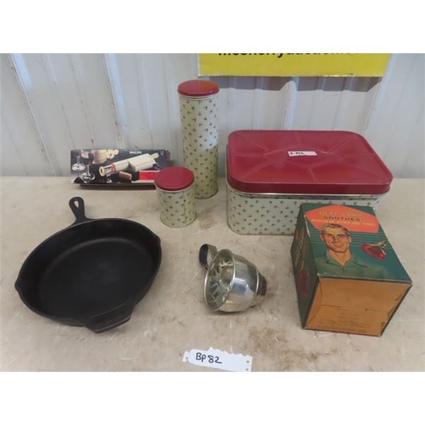 Lodge Cast Frying Pan, Heat Lamp, 3 Pc Tins, Electric Corkscrew, Hand Sifter