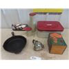 Image 1 : Lodge Cast Frying Pan, Heat Lamp, 3 Pc Tins, Electric Corkscrew, Hand Sifter