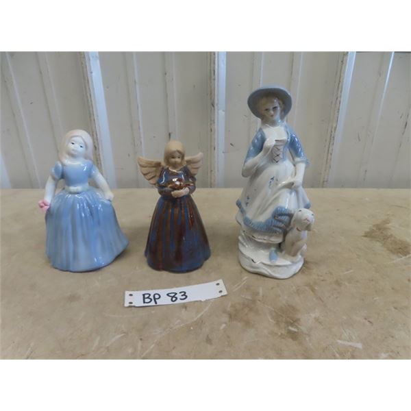 2 Girl Figurines- China/ 1 Ceramic Angel Bell