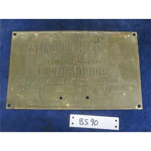 Canadian Westinghouse Brass Transformer Plate 7" x 12"