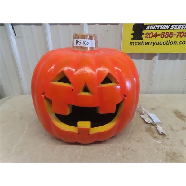 Plastic Light Up Blow Mold Pumpkin 17" x 17" x16" & Wooden Pumpkin Decoration
