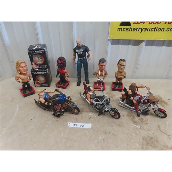 Lot if Wrestling Items; 4 Bobbleheads, 2 Christmas Ornaments, 3 Dudes on Motorcycles