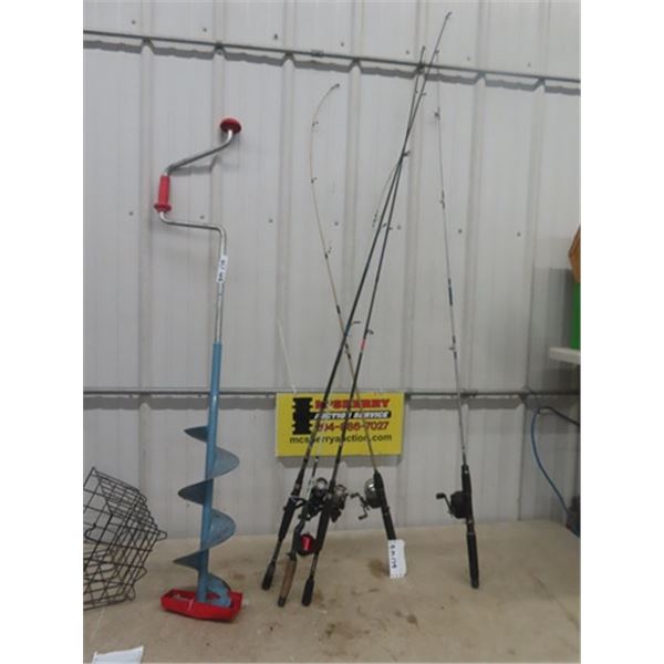 5 Fishing Rods, Reels & Ice Auger