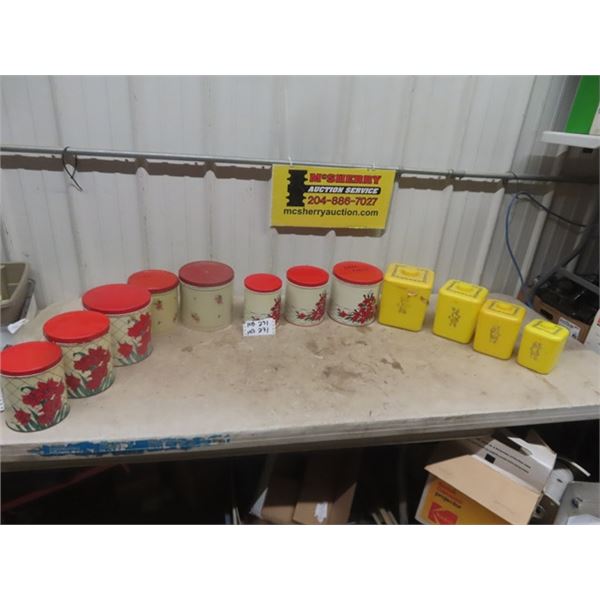 12 Vintage Cannisters - Red Ones Are Metal, Yellow are Plastic