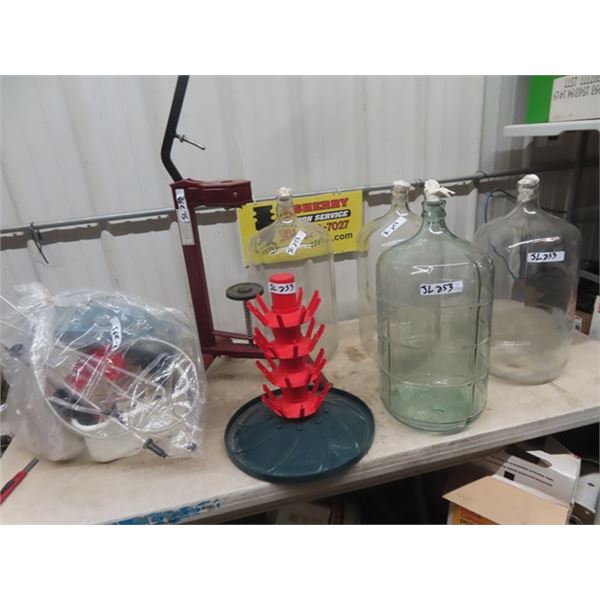 Wine Making Equipment; 4 Carboys, Corker, Pump, Brushes, Tubs, Drying Rack plus more