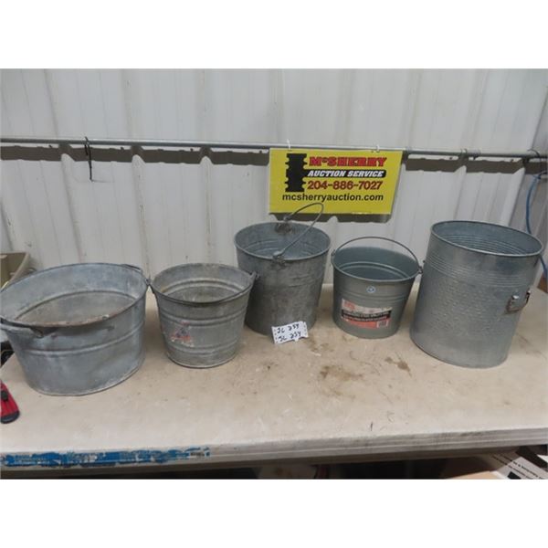 5 Galvanized Pails + Tubs