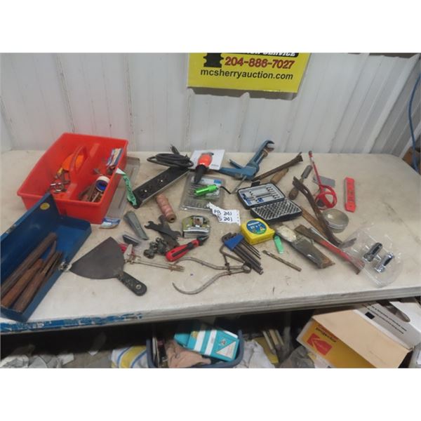 Odds n Ends of Tools; Level, Caulking Gun, Chisel, Allen Wrenches, Power Bar, Calipers, Flashlights,