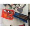 Image 4 : Odds n Ends of Tools; Level, Caulking Gun, Chisel, Allen Wrenches, Power Bar, Calipers, Flashlights,